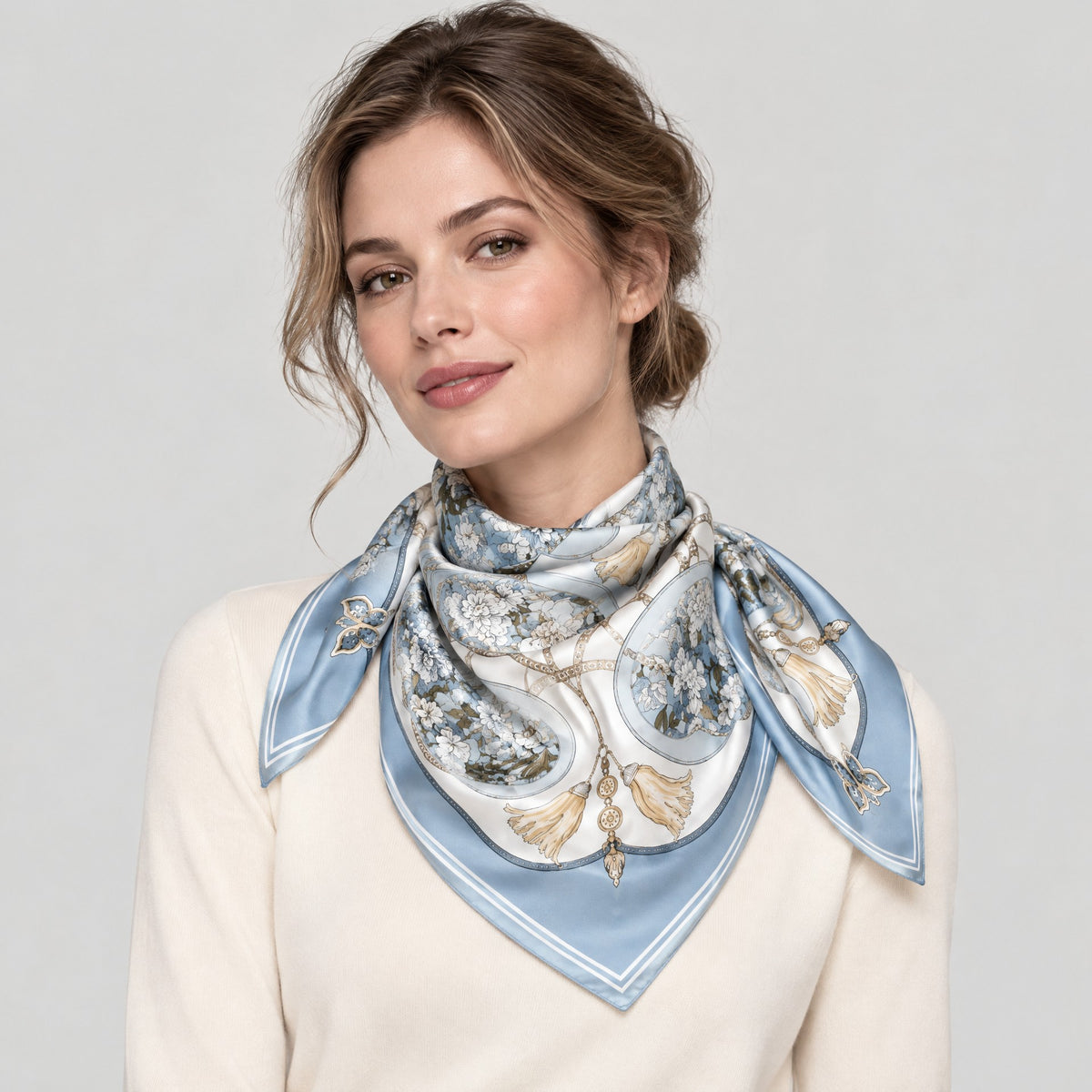 Pale Blue Flowers Mulberry Silk Square Scarf – 34 x 34 in