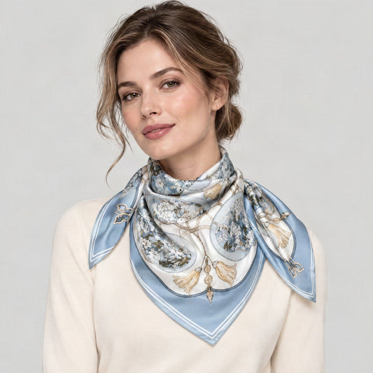 Pale Blue Flowers Mulberry Silk Square Scarf – 34 x 34 in, worn tied at the neck over a cream top