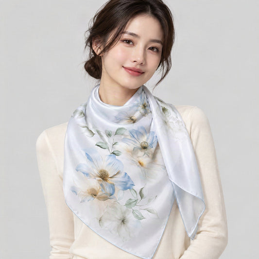 Morning Dew Mulberry Silk Long Scarf – 22 x 68 in, worn tied at the neck over a cream top