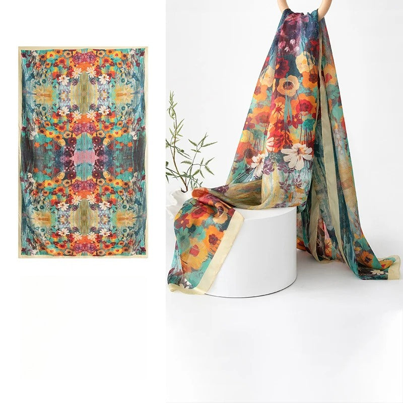 Long 100% Mulberry Silk Scarf – Bohemian Floral Lightweight Shawl, 43 x 69 in