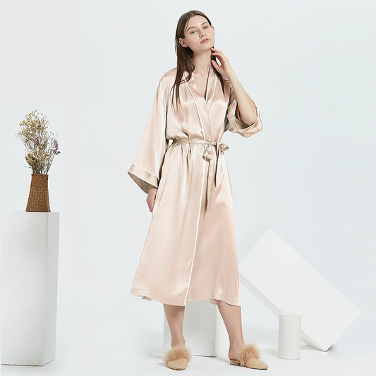 19 Momme Heavyweight 100% Mulberry Silk Long Robe – Long-Sleeve Open-Front Nightgown for Women