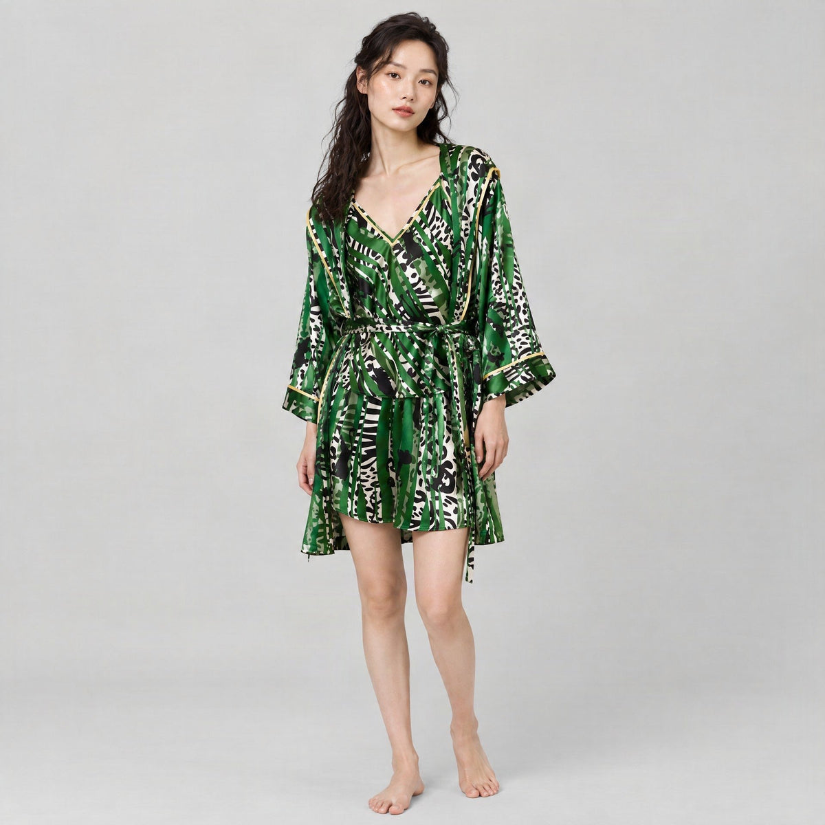 Green and black Oasis-print mulberry silk short robe worn over a matching slip