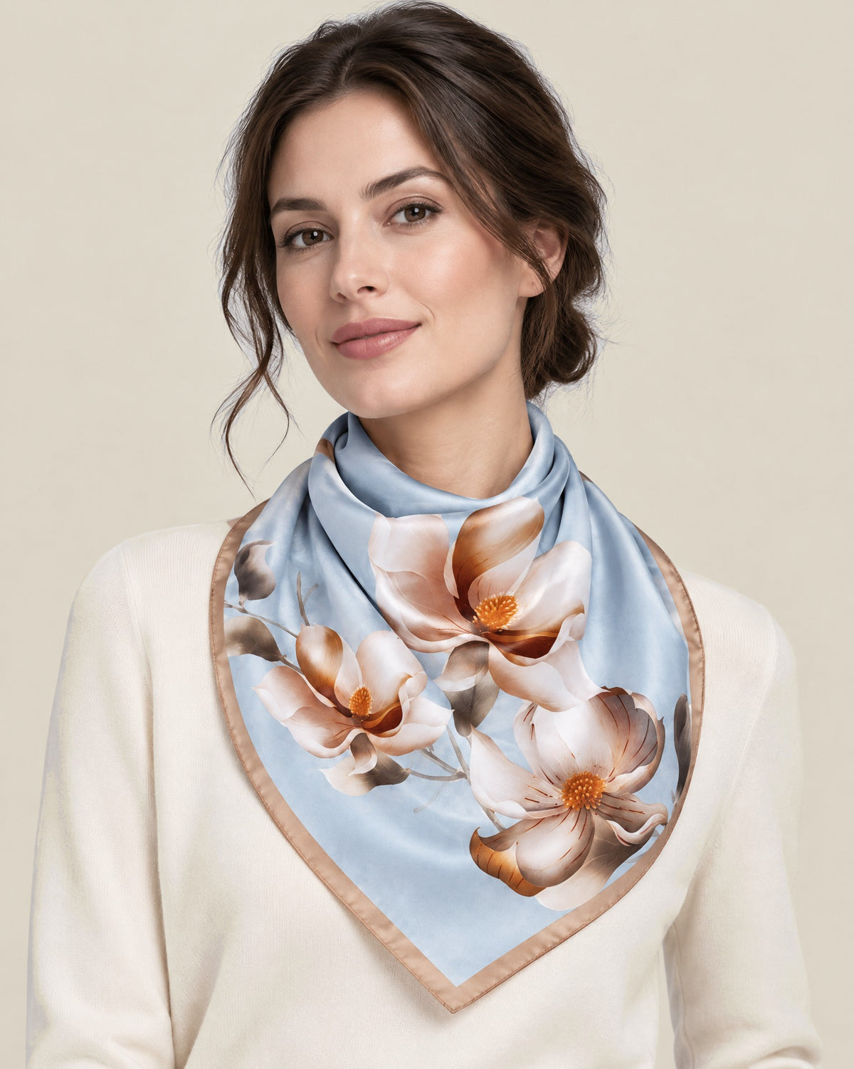 Woman wearing Blue Magnolia mulberry silk square scarf