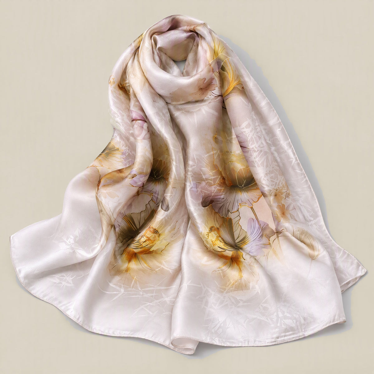 Bamboo Serenity jacquard mulberry silk scarf detail showing silk texture and print