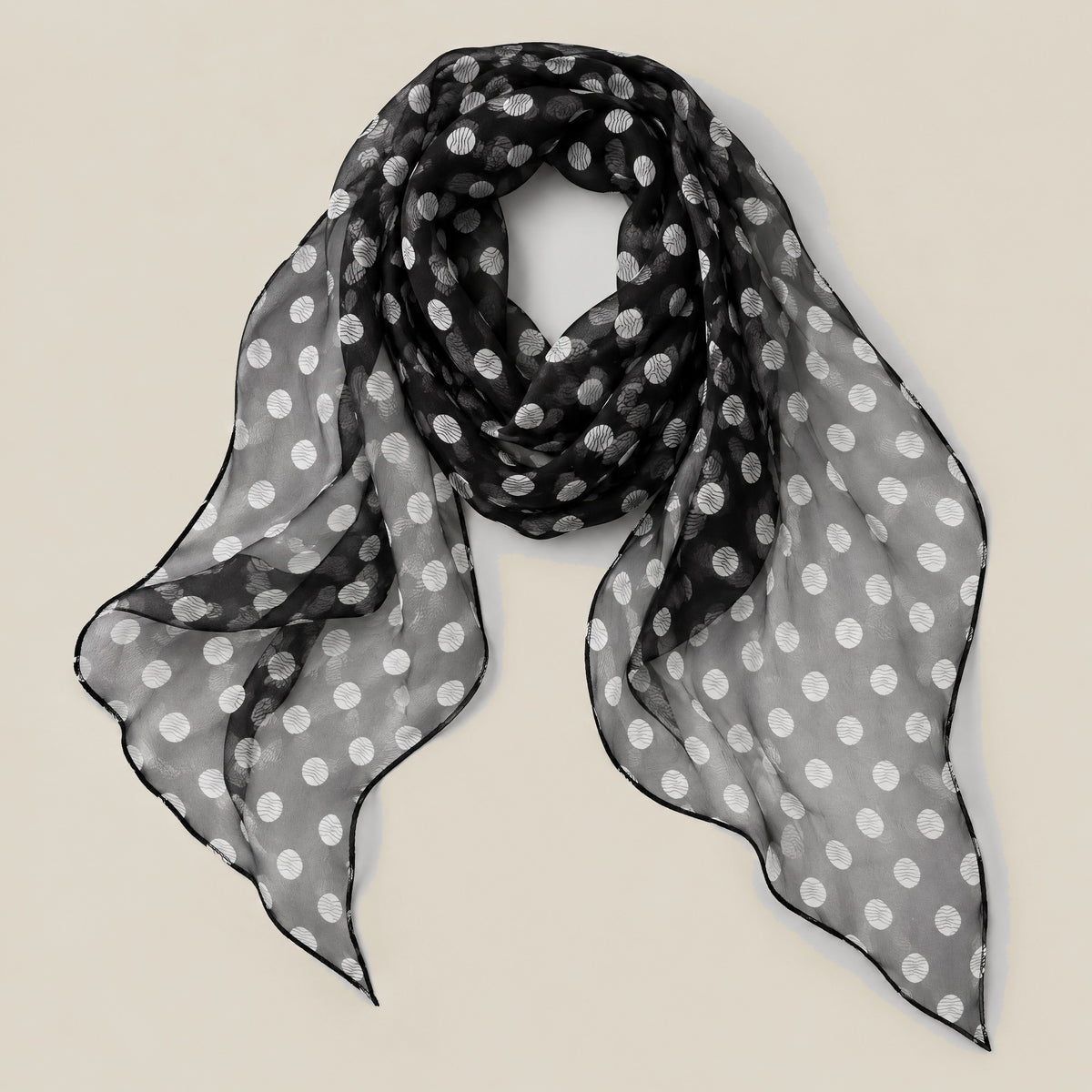 Black water wave dot mulberry silk scarf detail showing silk texture and print