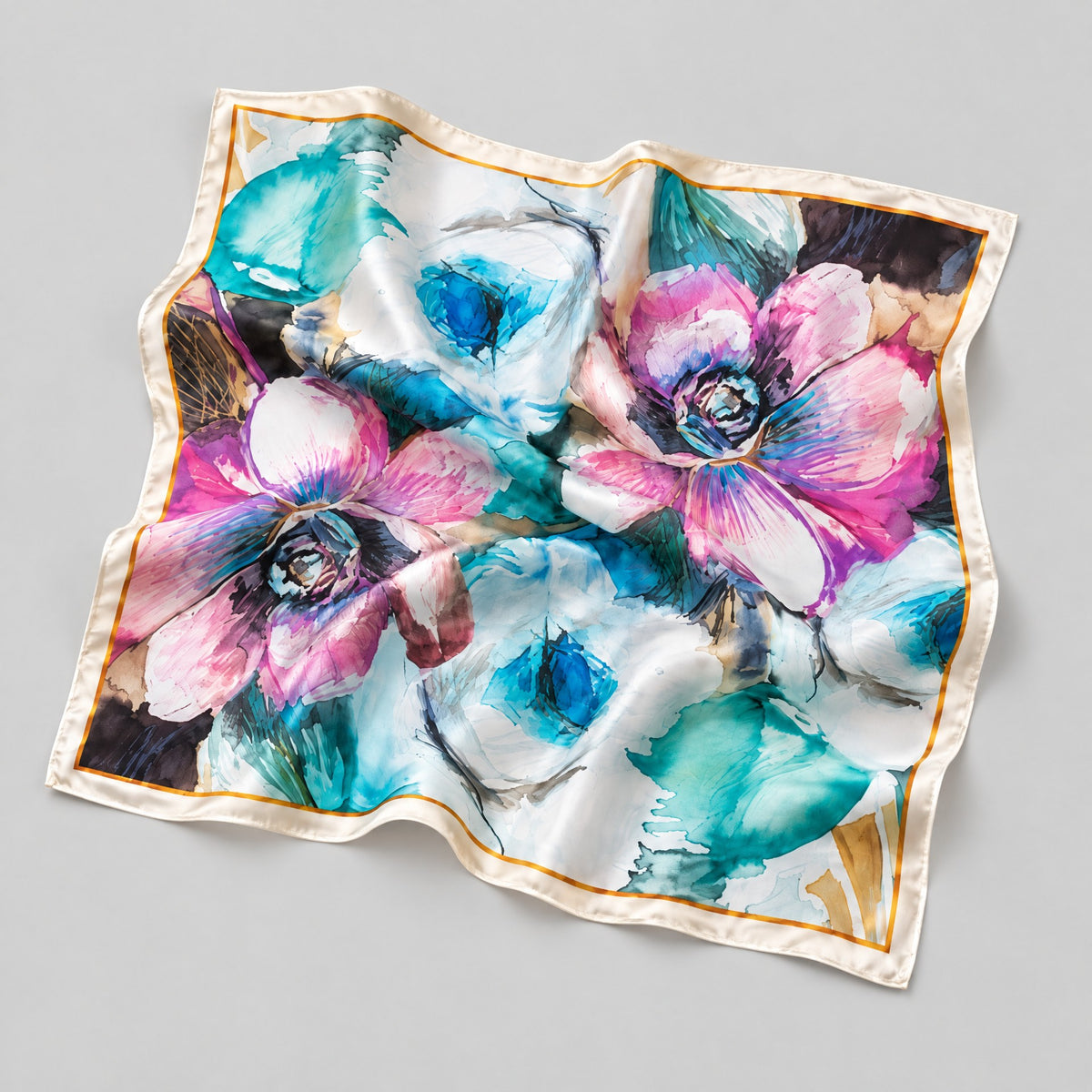 Colorful Large Floral Mulberry Silk Square Scarf – 21 x 21 in