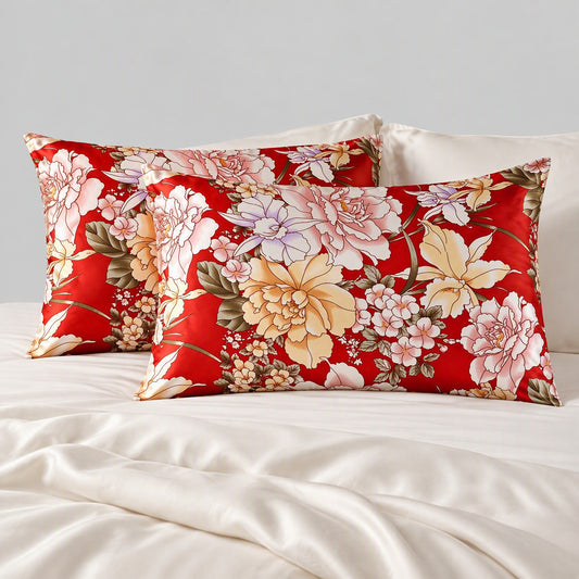 Scarlet Bloom Printed Mulberry Silk Pillowcase – 20 x 30 in, Hidden Zipper