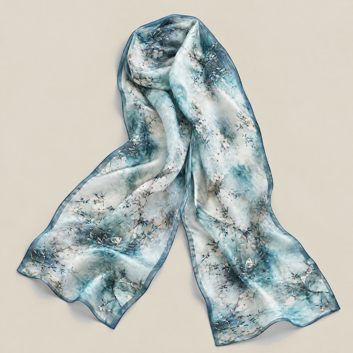 Blue green magnolia mulberry silk scarf detail showing silk texture and print