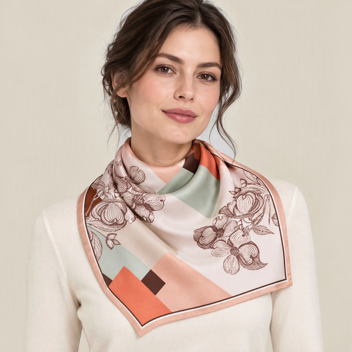 Woman wearing Orange Pink Patchwork Flower mulberry silk square scarf