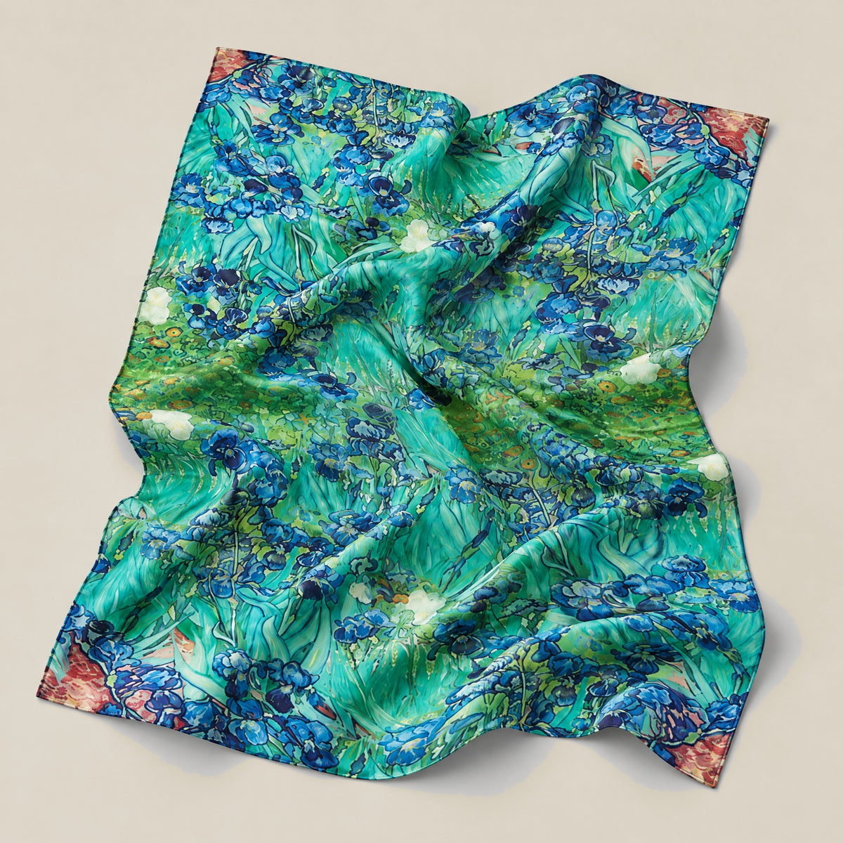 Blue green iris mulberry silk scarf, 69 x 43 in detail showing silk texture and print