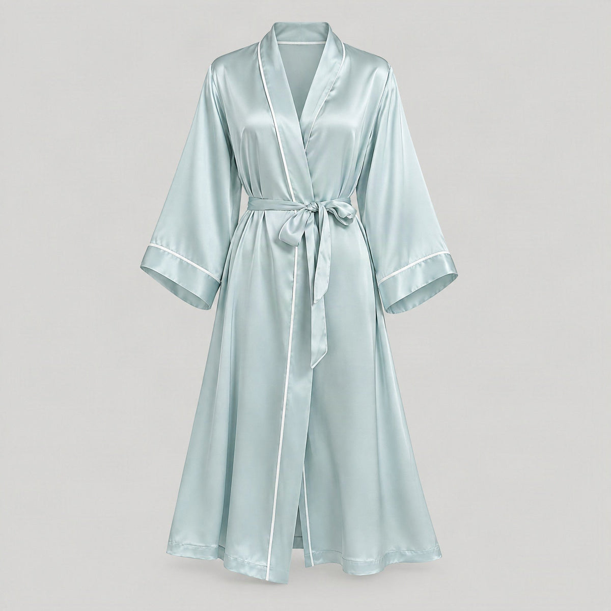 Sage blue mulberry silk long robe with white piping, front view shown on its own