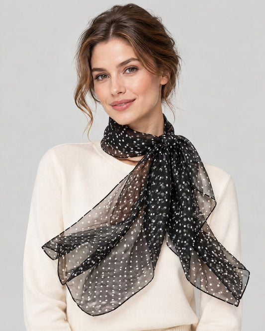 Dot Print Mulberry Silk Long Scarf – 16.5 x 63 in, worn tied at the neck over a cream top