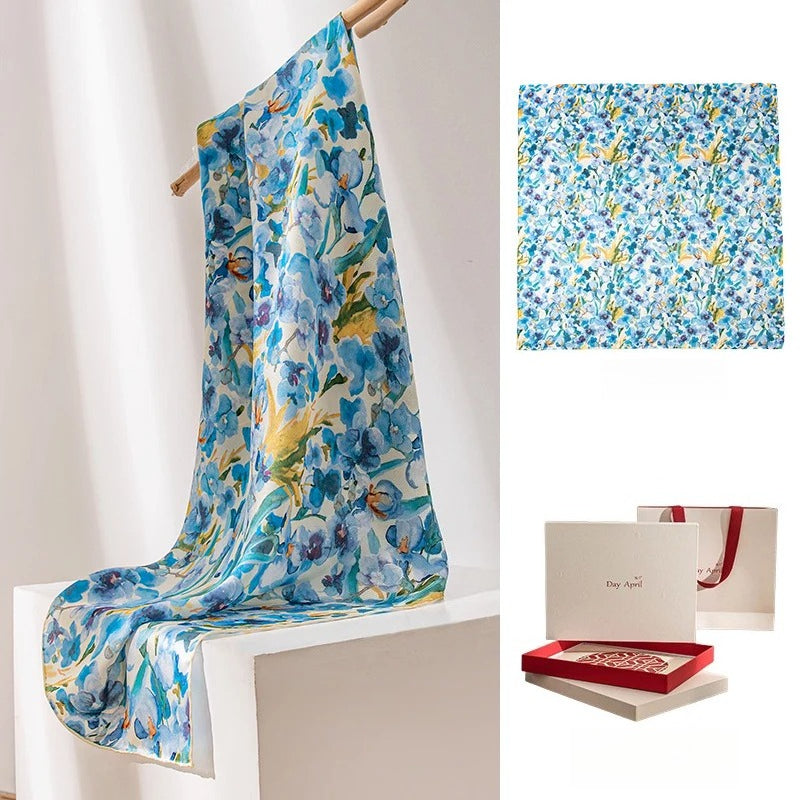 Square & Long 100% Mulberry Silk Scarf – Floral Print Lightweight Shawl, 34 x 34 in