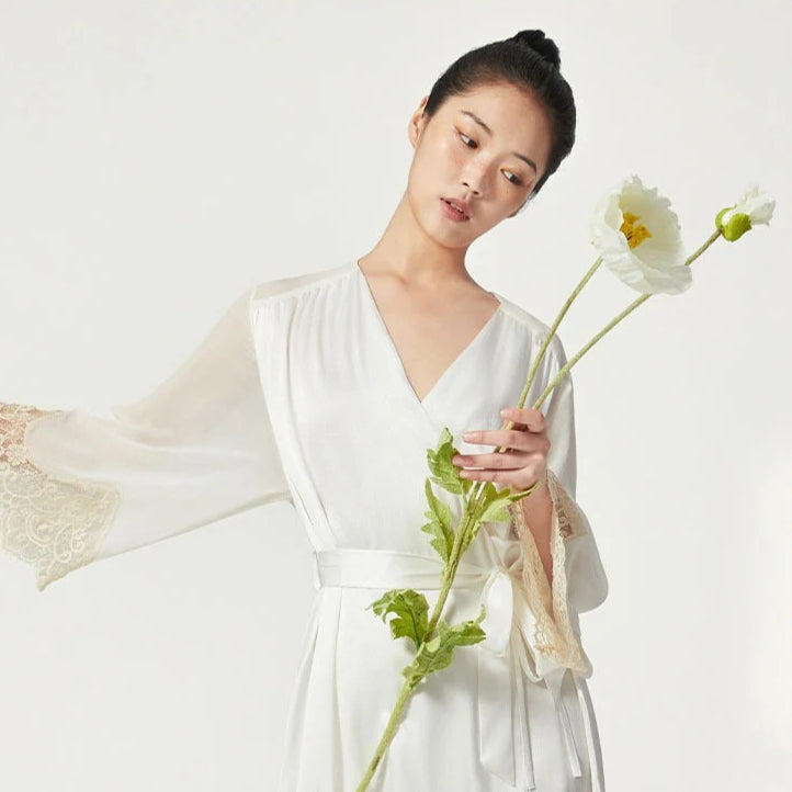 Lace-Trim 100% Mulberry Silk Robe – Women's Sleepwear Loungewear