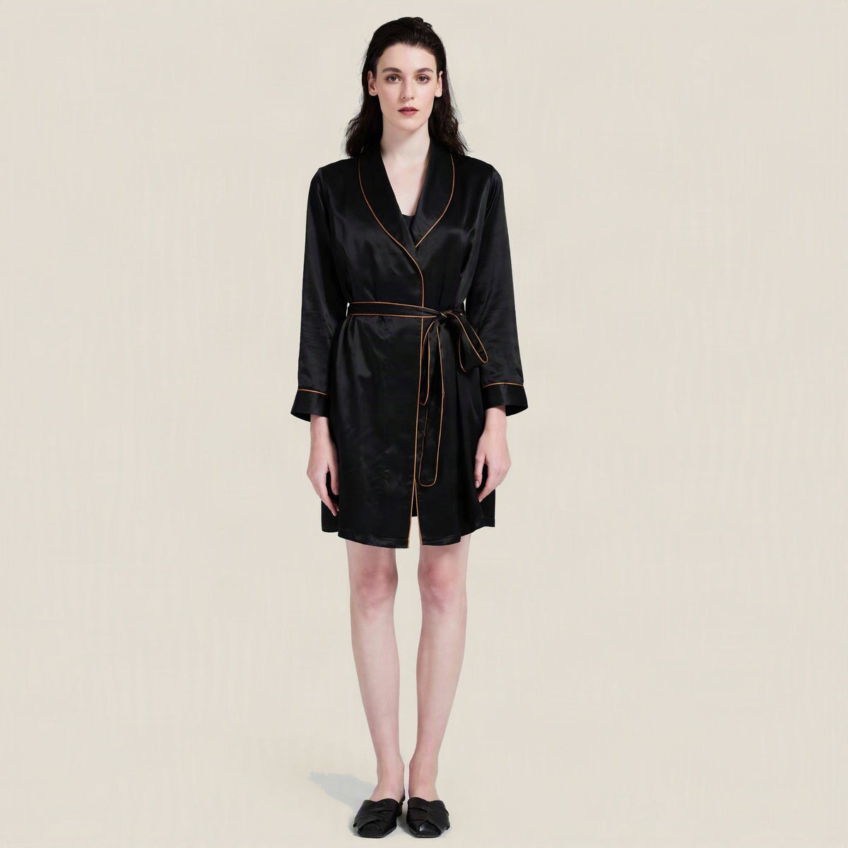 Black 19 Momme Classic 100% Mulberry Silk Robe & Camisole Set – Women's Sleepwear Loungewear