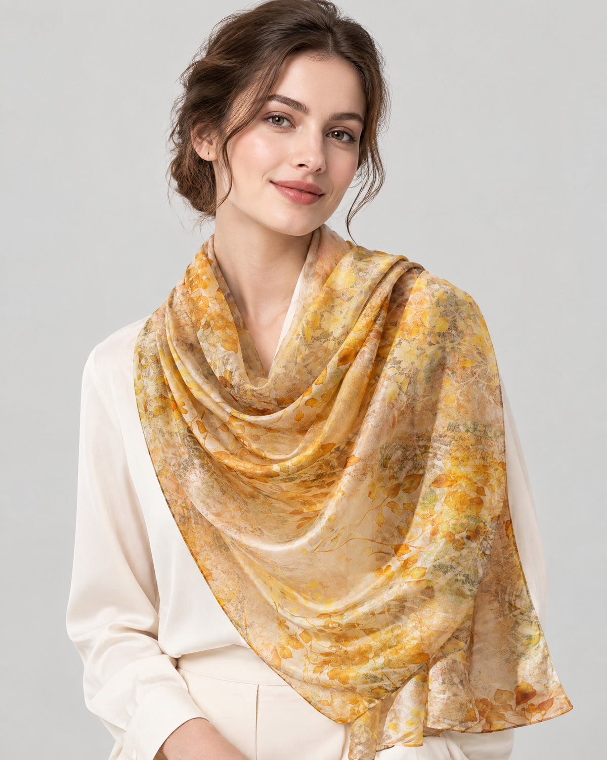 Golden Branch Mulberry Silk Oversized Scarf – 69 x 43 in