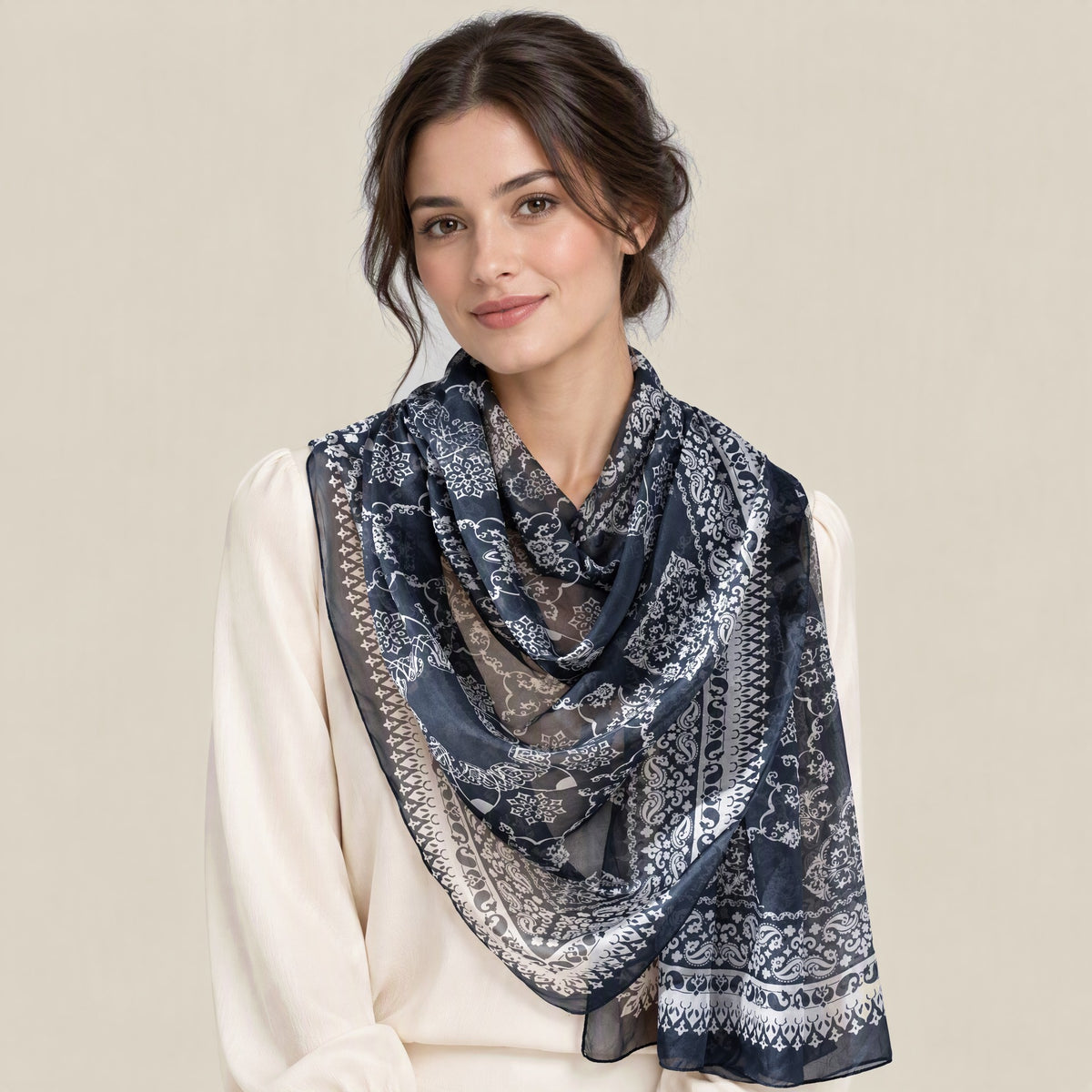 Woman wearing Navy vintage print mulberry silk scarf, 69 x 43 in