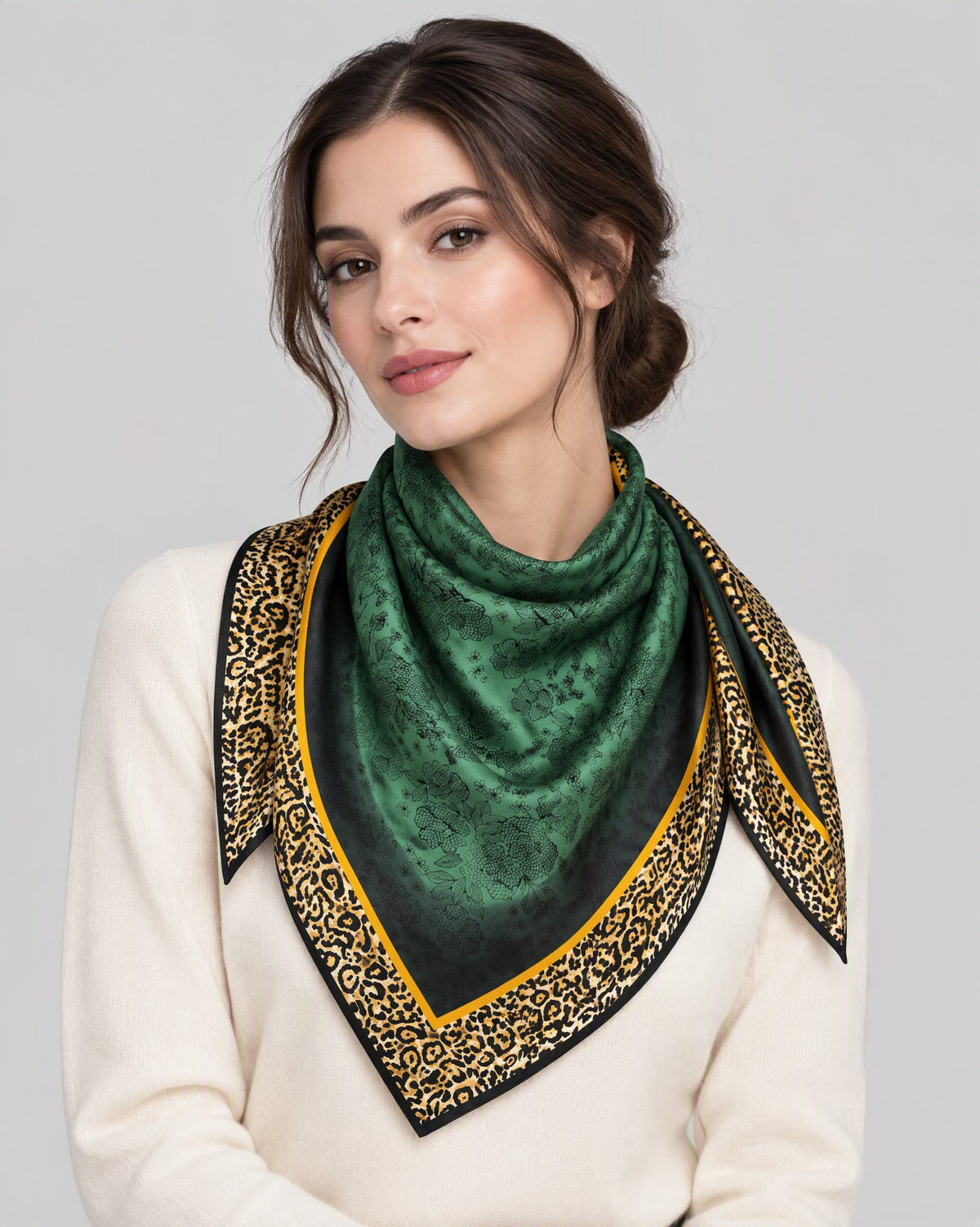 Green Frame Leopard Mulberry Silk Square Scarf – 26 x 26 in