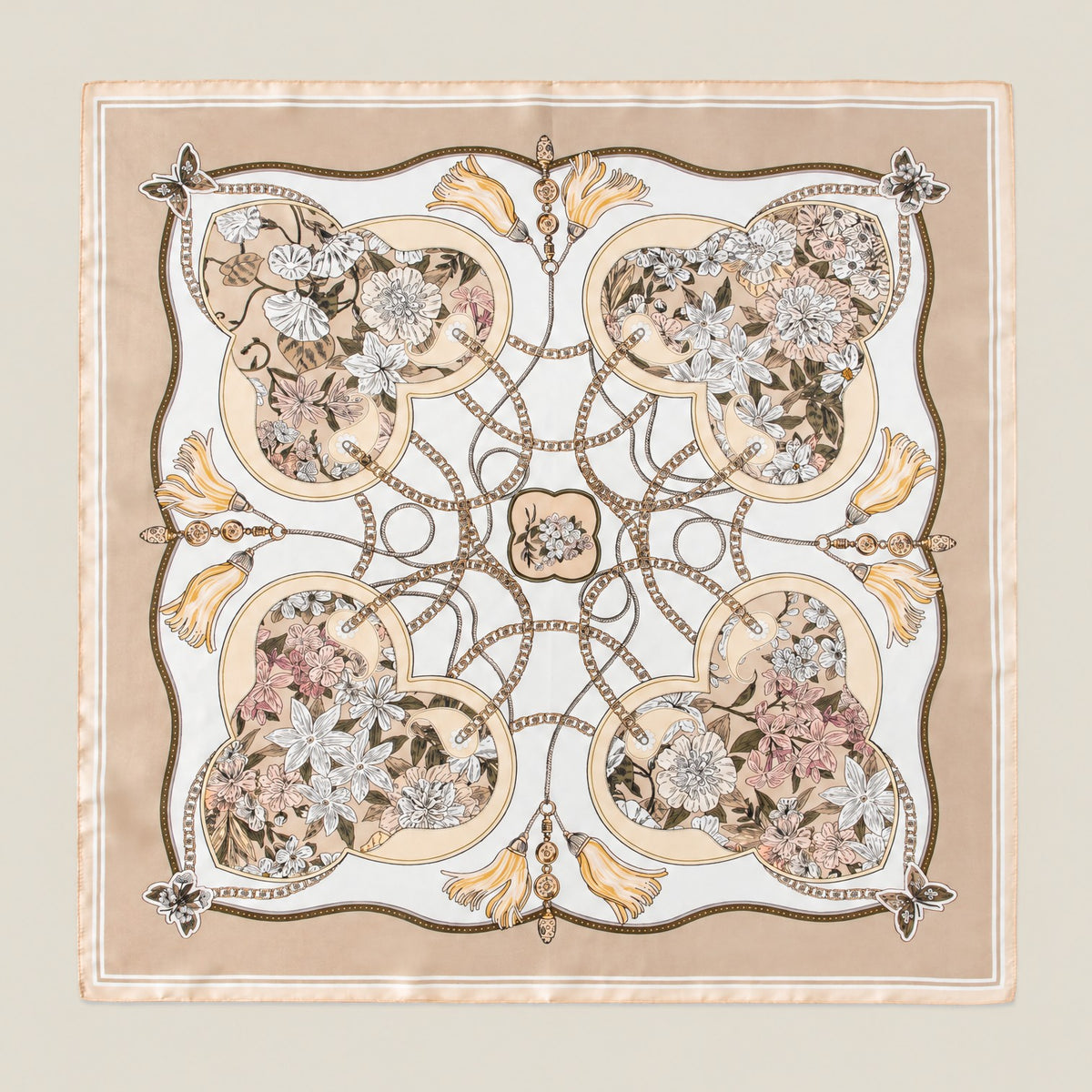 Champagne Chain Floral mulberry silk square scarf, 26 x 26 in