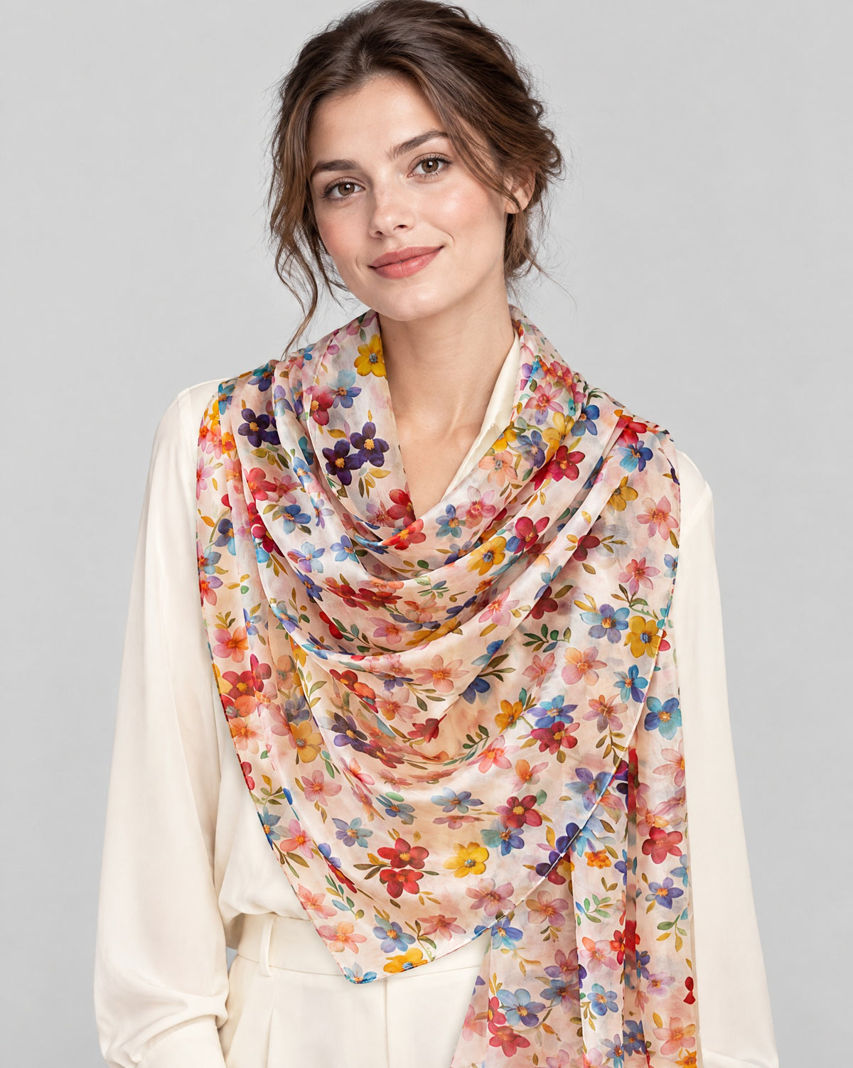 Colorful Small Florals Mulberry Silk Scarf – 69 x 43 in
