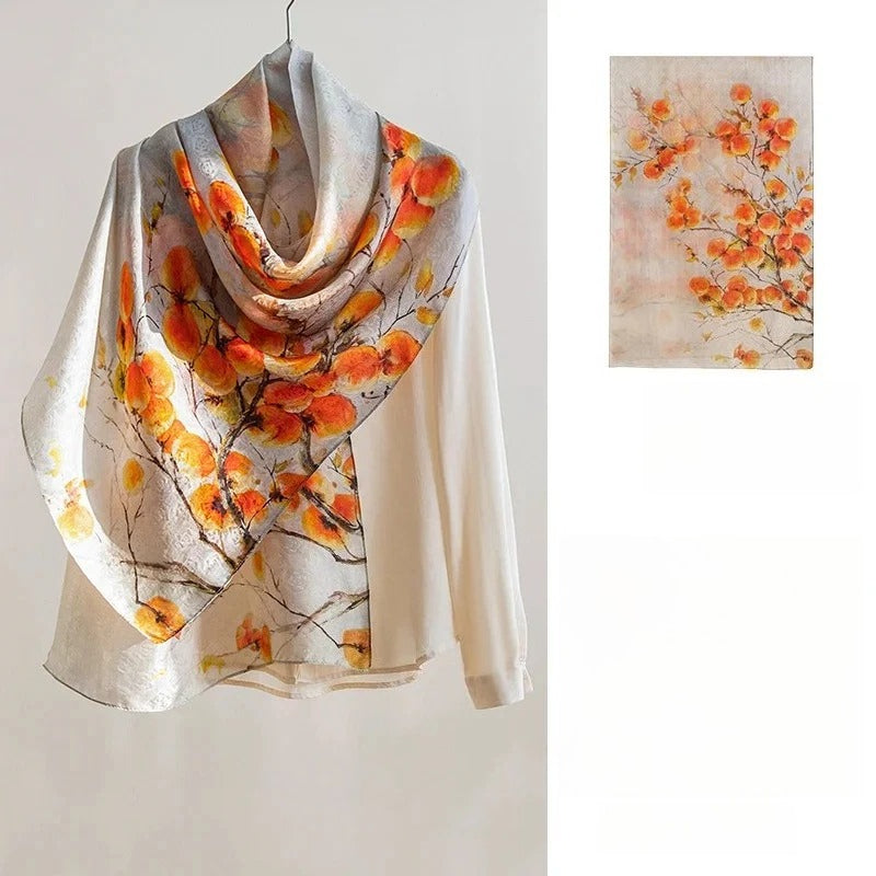 Long 100% Mulberry Silk Scarf – Floral Print Pashmina Wrap, 22 x 67 in, Gift Boxed