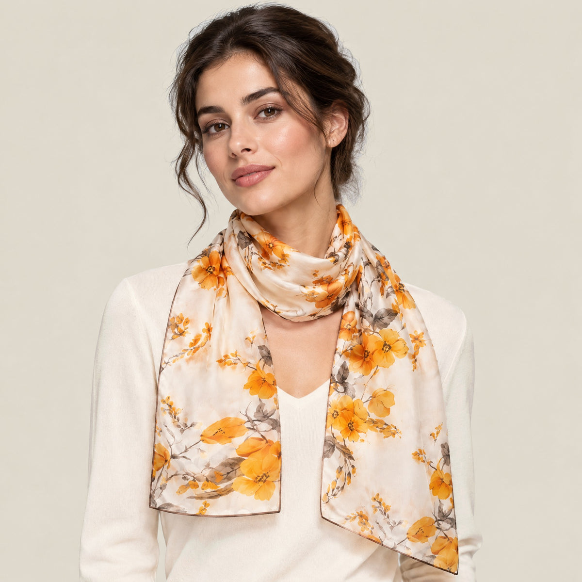 Woman wearing Orange blossom mulberry silk scarf, 22 x 67 in