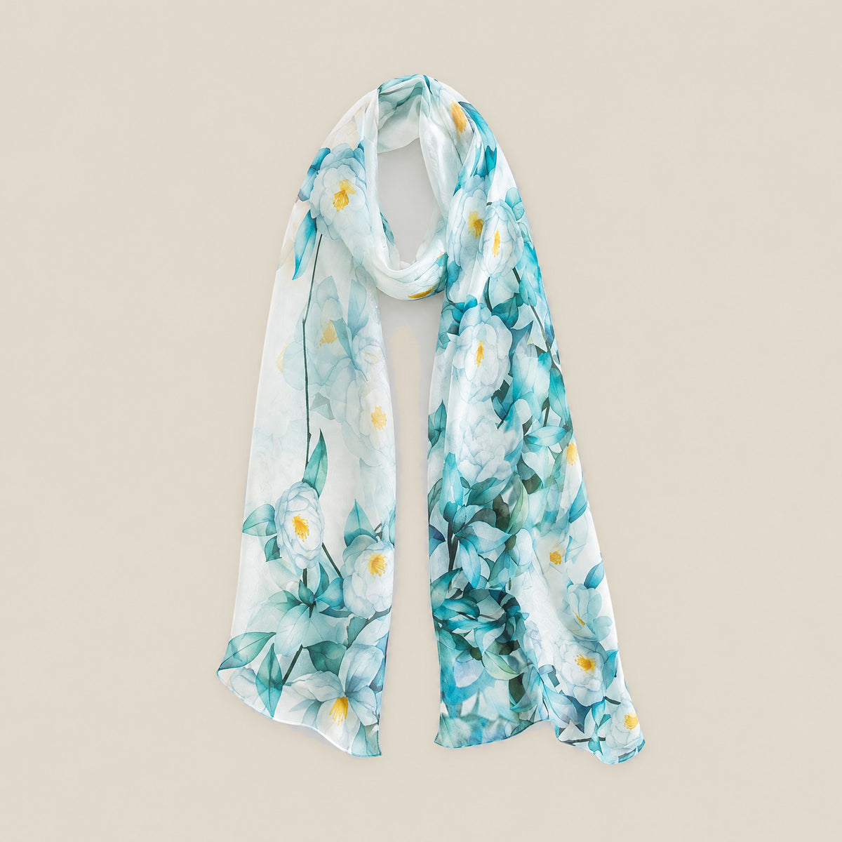 Blue green camellia mulberry silk scarf, 22 x 67 in