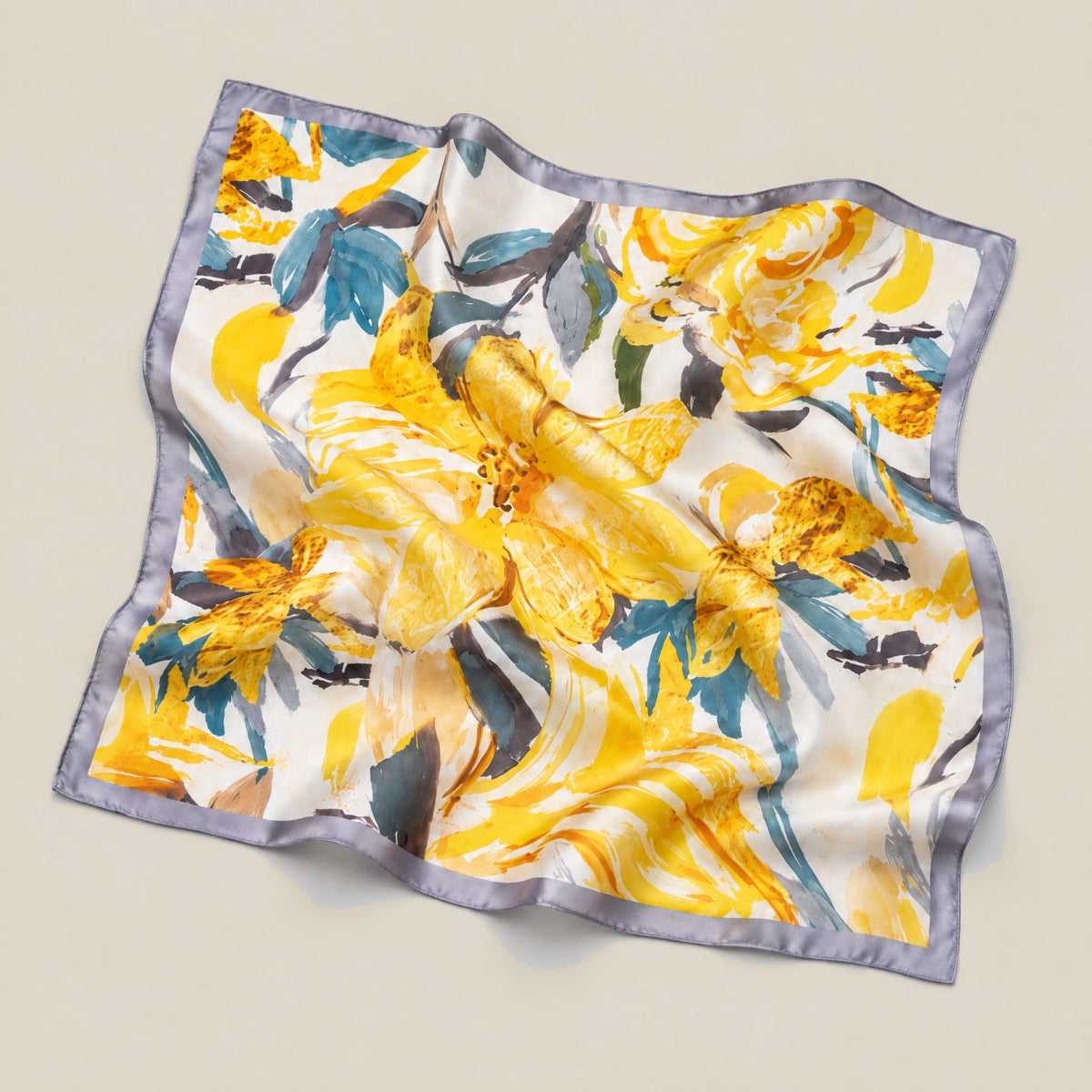 Yellow Floral mulberry silk square scarf detail showing silk texture and print