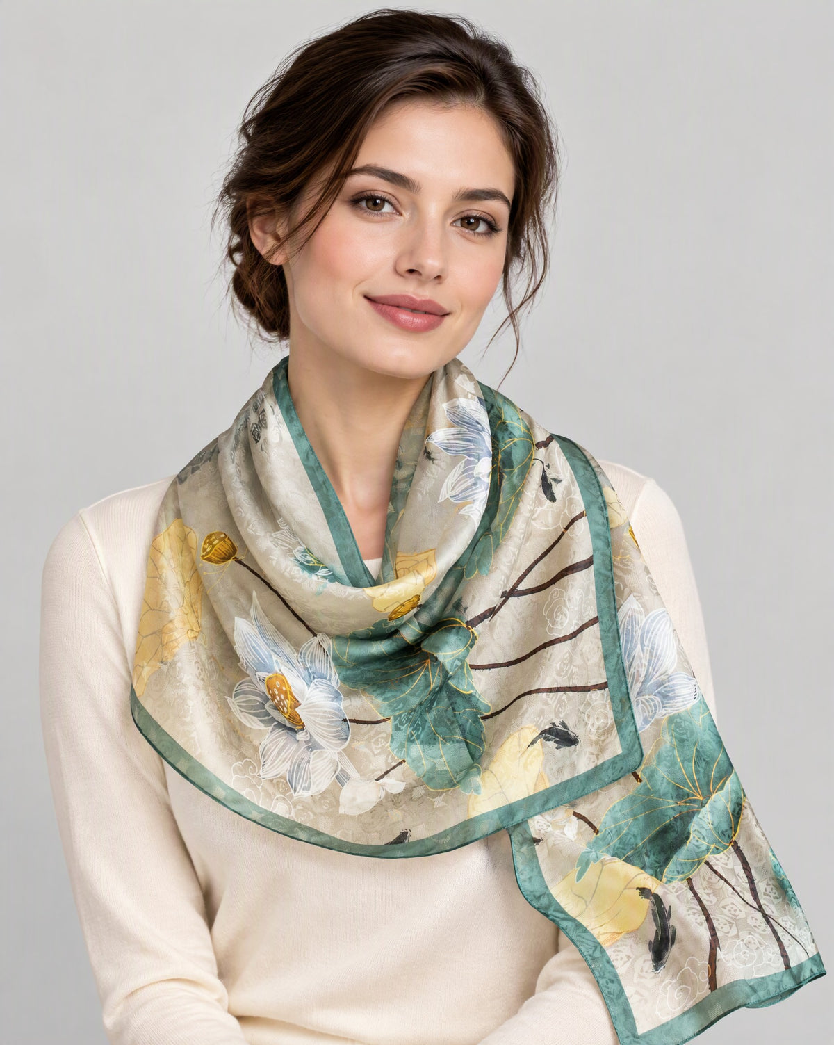 Jade Lotus Mulberry Silk Long Scarf – 22 x 67 in