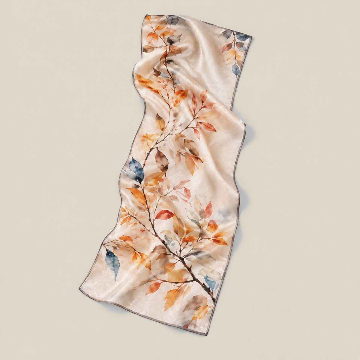 Falling blossoms mulberry silk scarf, 22 x 67 in detail showing silk texture and print
