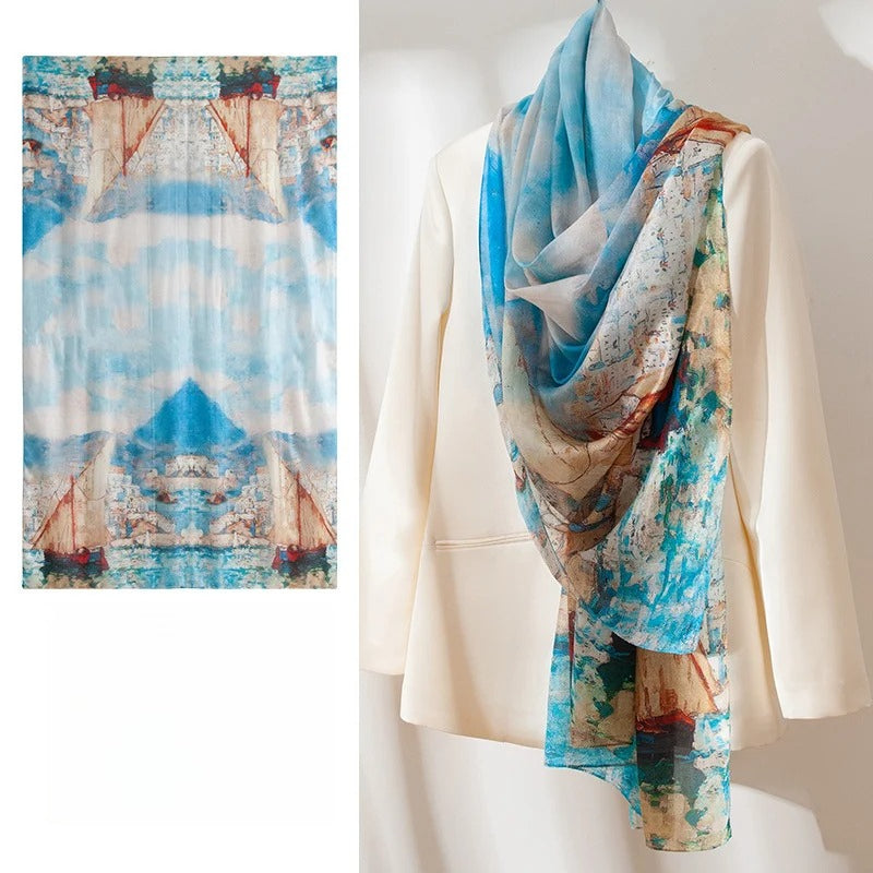 Long 100% Mulberry Silk Scarf – Bohemian Floral Lightweight Shawl, 43 x 69 in