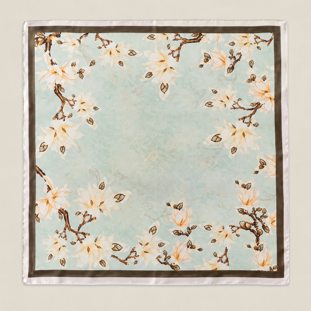 Light green magnolia branch mulberry silk square scarf