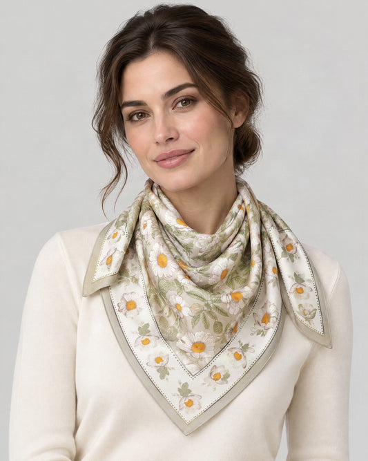 Border Daisy Mulberry Silk Square Scarf – 26 x 26 in, worn tied at the neck over a cream top
