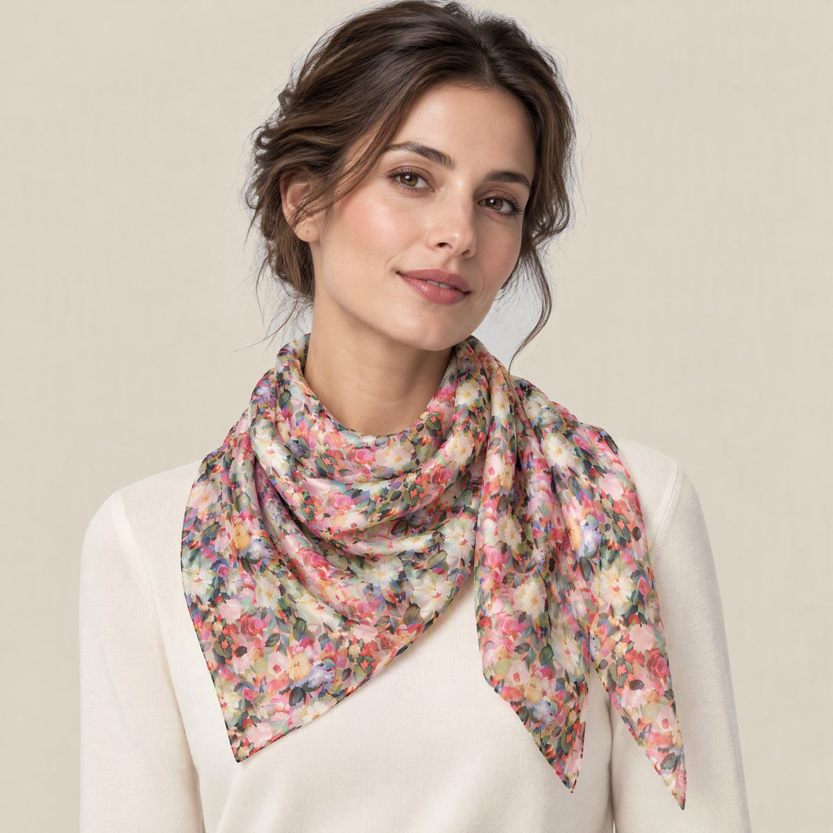Woman wearing Pink Base Daisy mulberry silk scarf