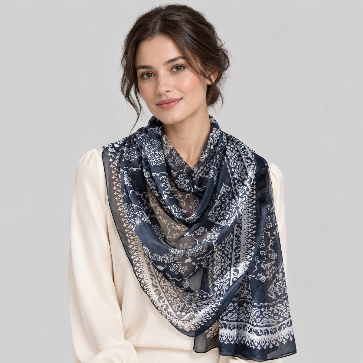 Navy Vintage Print Mulberry Silk Oversized Scarf – 69 x 43 in