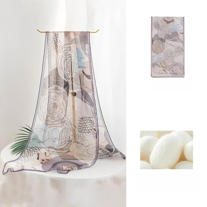 Long 100% Mulberry Silk Scarf – Botanical Print Lightweight Shawl, 16 x 63 in