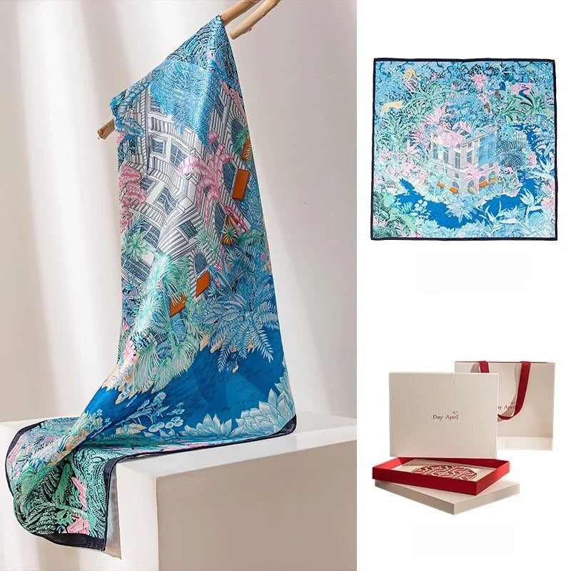 Square & Long 100% Mulberry Silk Scarf – Floral Print Lightweight Shawl, 34 x 34 in