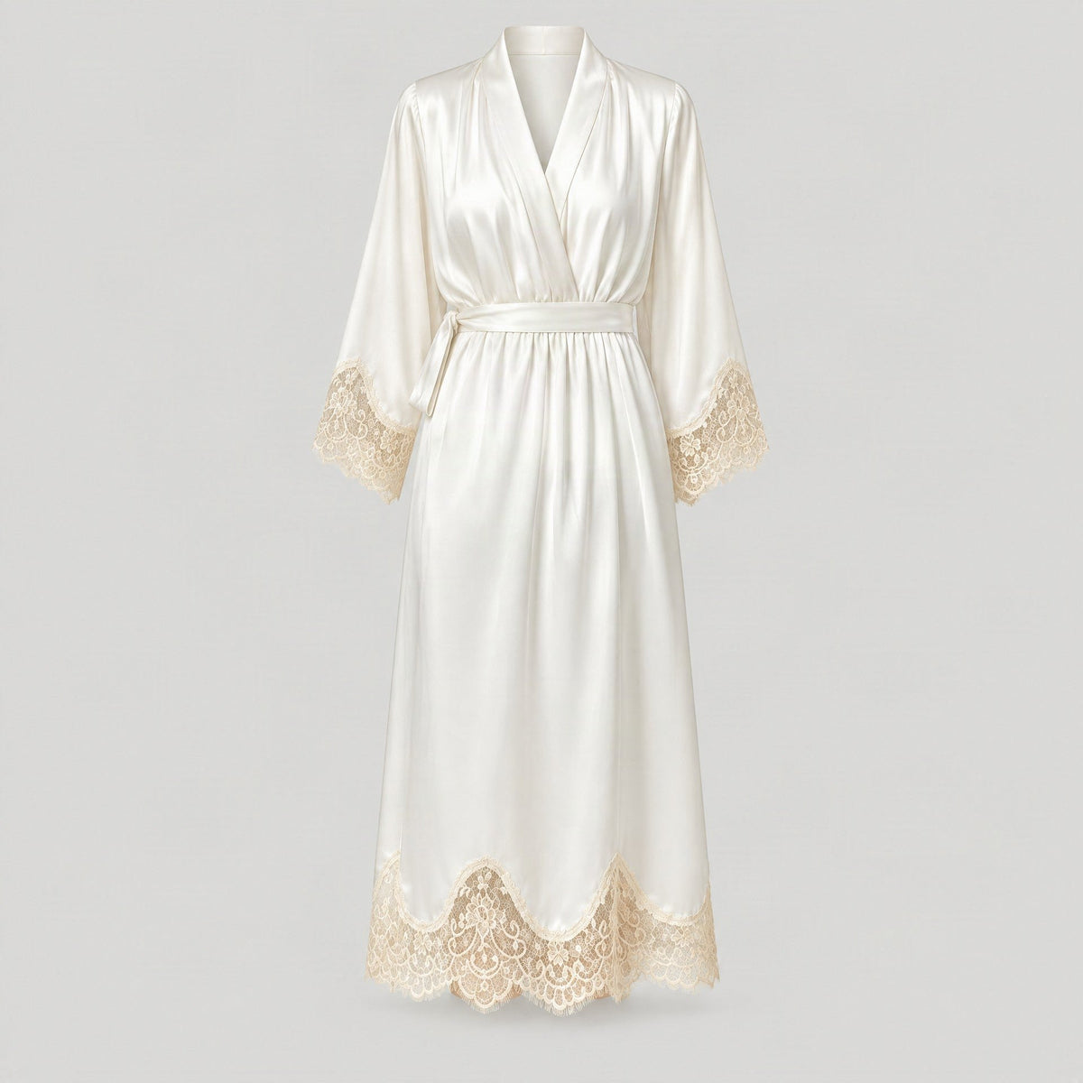 Ivory mulberry silk lace-trim robe with a tie belt, shown on its own