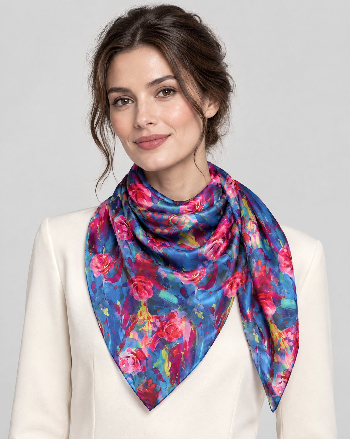 Deep Blue Oil Painting Rose Mulberry Silk Scarf – 69 x 43 in
