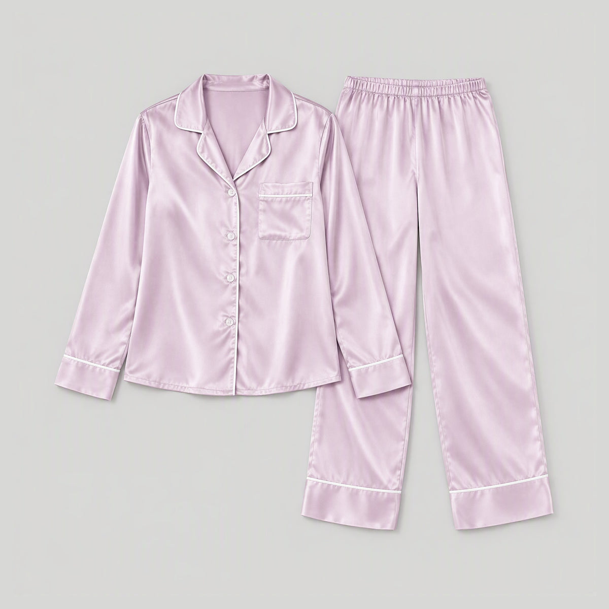 19 Momme Long Sleeve 100% Mulberry Silk Pajama Set – Button-Up with Contrast Piping