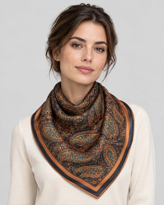 Black Coffee Leaf Mulberry Silk Square Scarf – 26 x 26 in