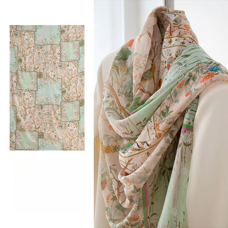Long 100% Mulberry Silk Scarf – Bohemian Floral Lightweight Shawl, 43 x 69 in