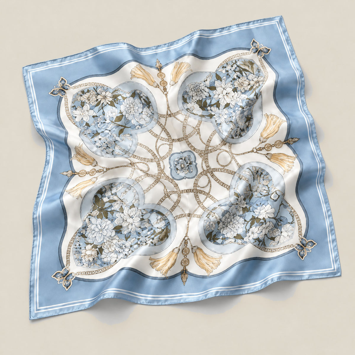Pale blue flowers mulberry silk square scarf detail showing silk texture and print