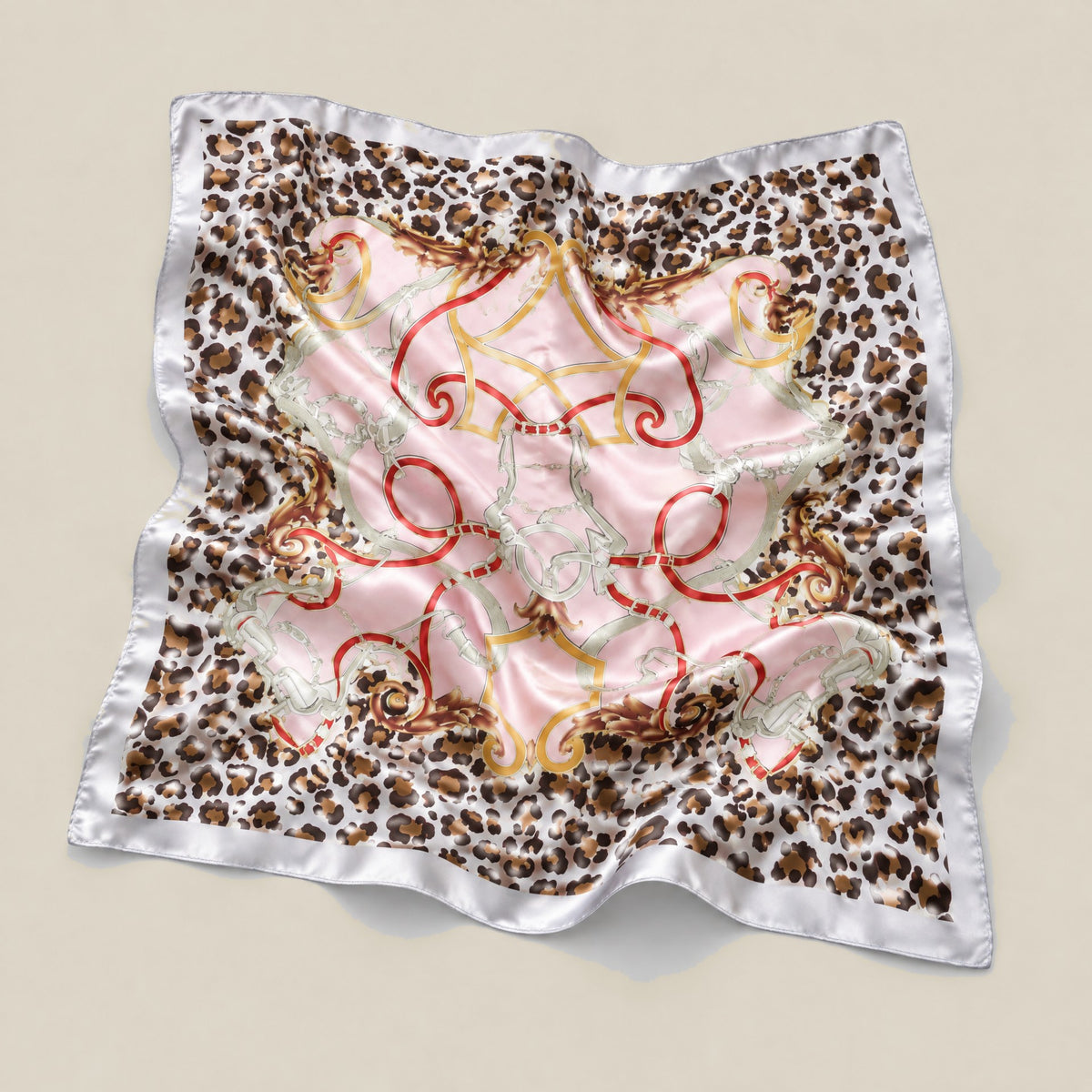 Leopard chain mulberry silk square scarf detail showing silk texture and print