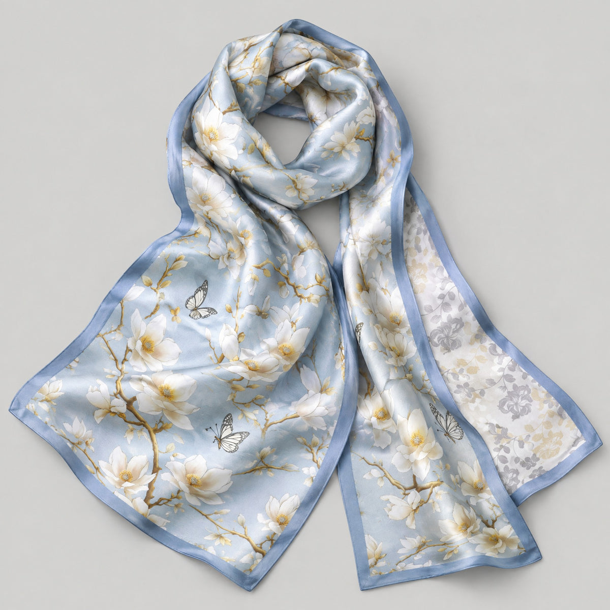 Butterfly Branch Slim Mulberry Silk Scarf – 6 x 59 in