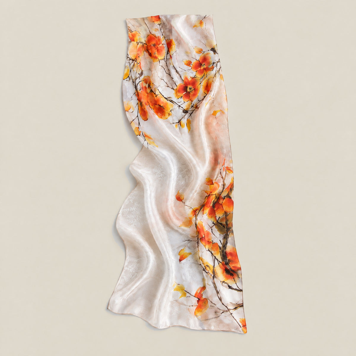Harvest persimmon mulberry silk scarf, 22 x 67 in detail showing silk texture and print