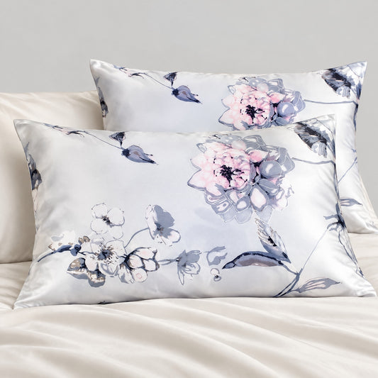 Ink Magnolia Printed Mulberry Silk Pillowcase – 20 x 30 in, Hidden Zipper