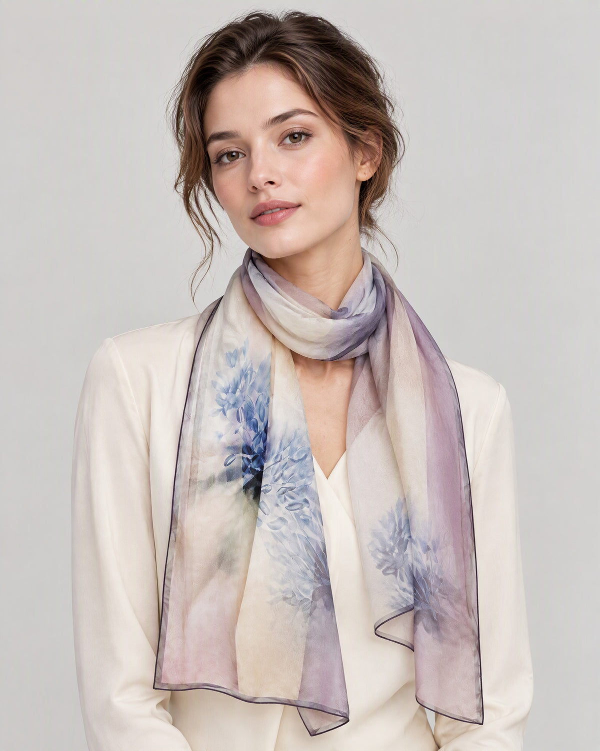 Elegant Blue Petal Mulberry Silk Long Scarf – 16.5 x 63 in