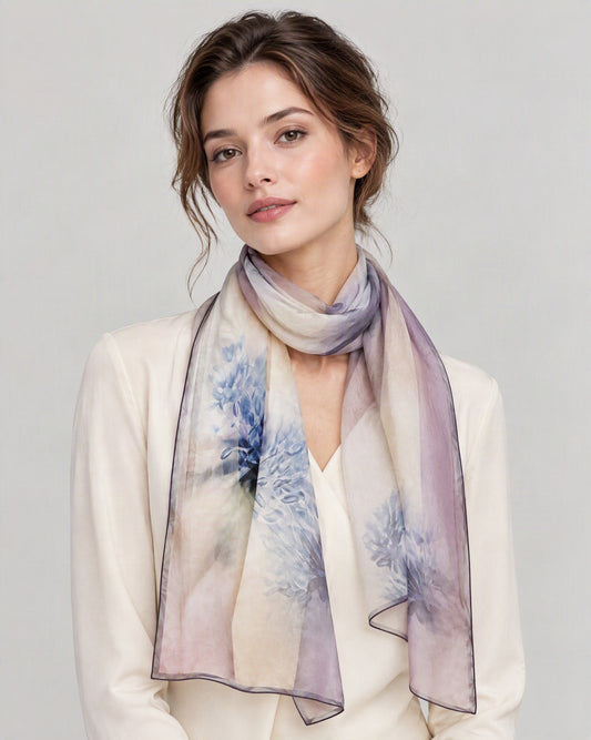 Elegant Blue Petal Mulberry Silk Long Scarf – 16.5 x 63 in, worn tied at the neck over a cream top