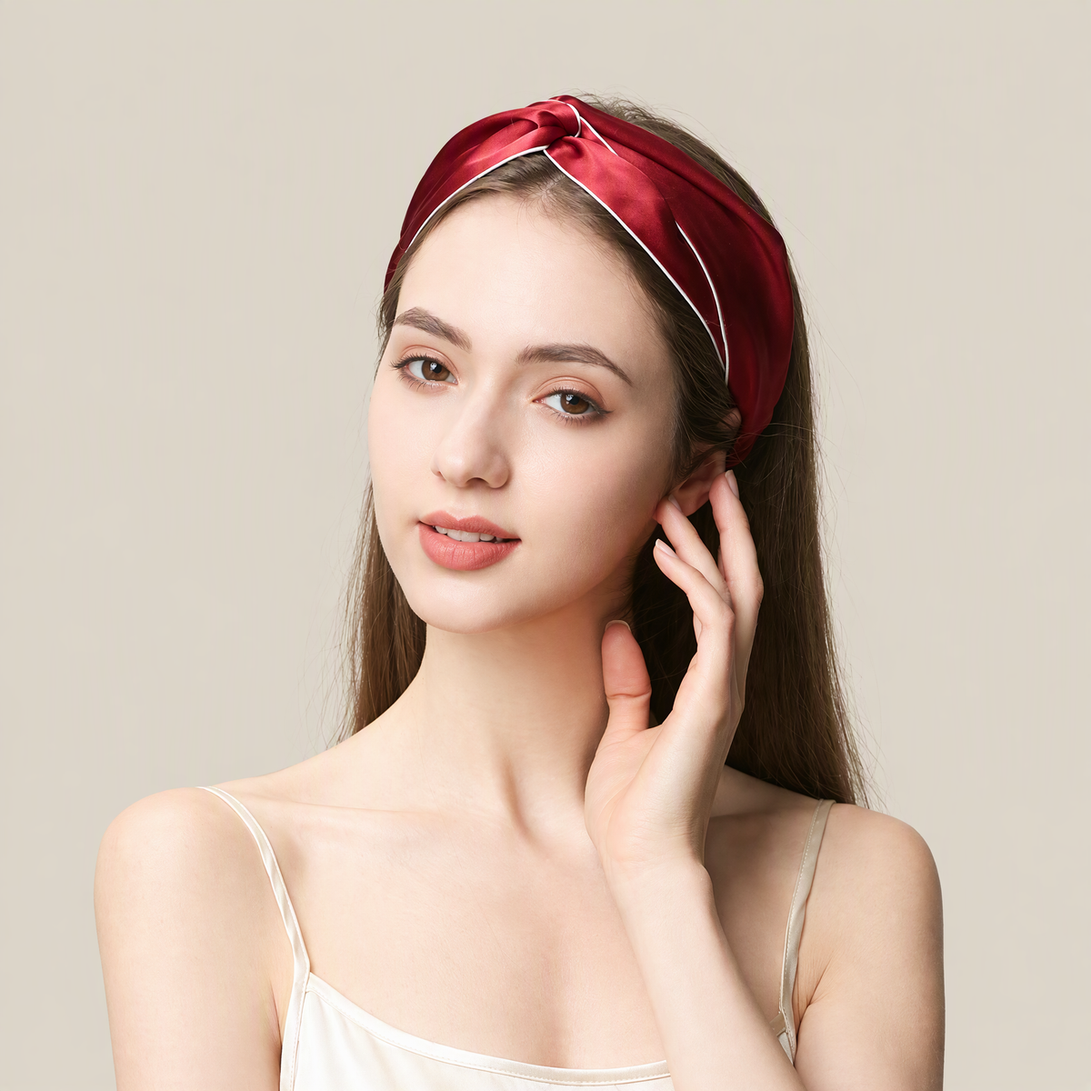 Wine Red 19 Momme Mulberry Silk Headband – Twisted Knot with Piped Edge